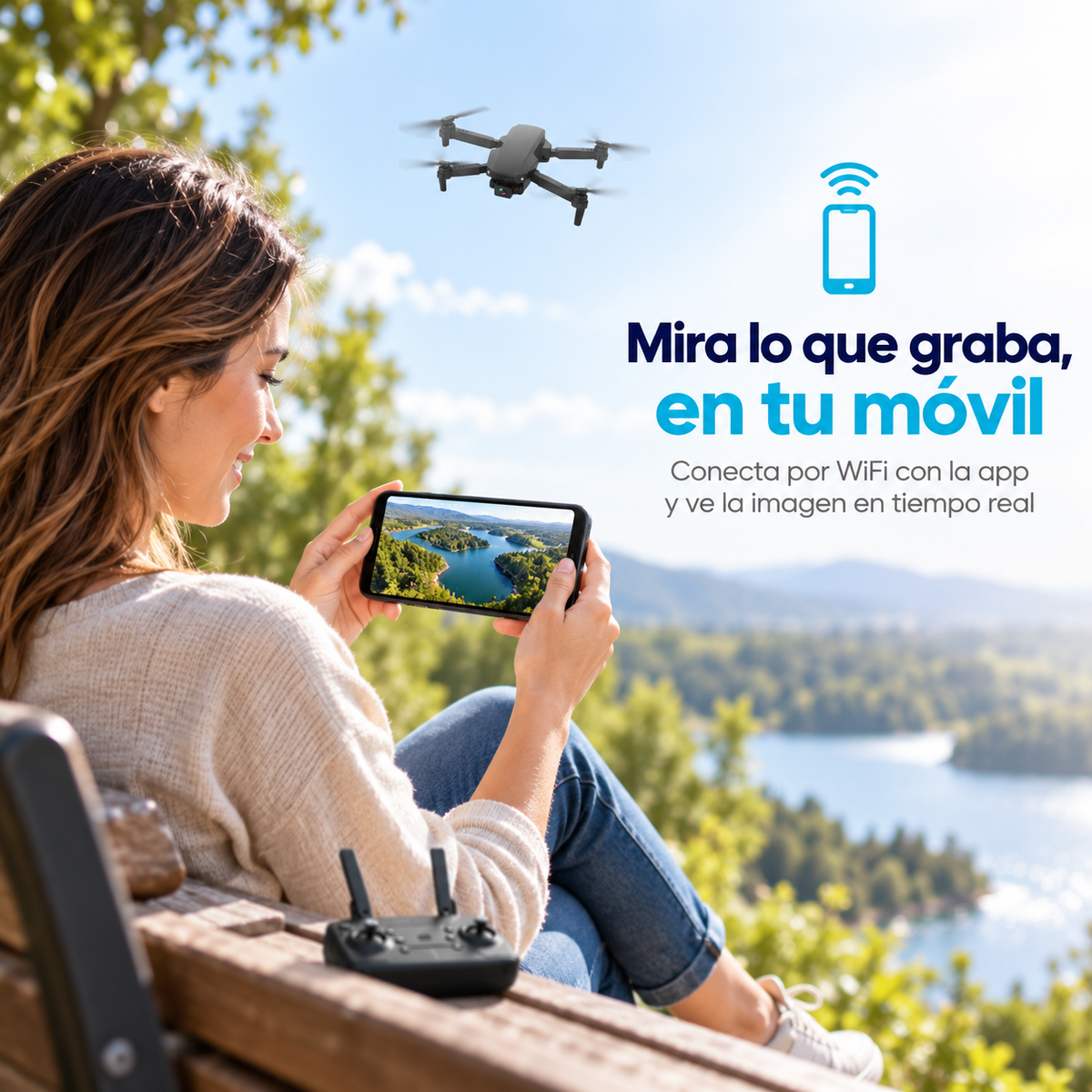 Mujer sentada en un banco mirando en su móvil la imagen de un dron plegable, con un lago al fondo