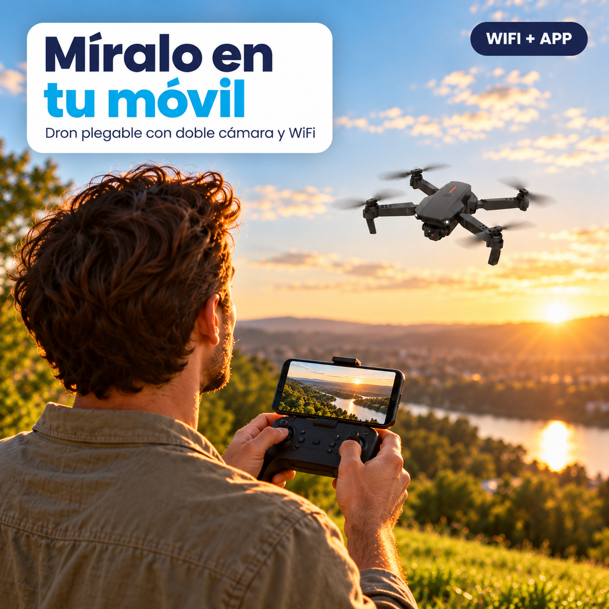 Hombre de espaldas con un móvil acoplado al mando de un dron plegable que vuela sobre un lago al atardecer
