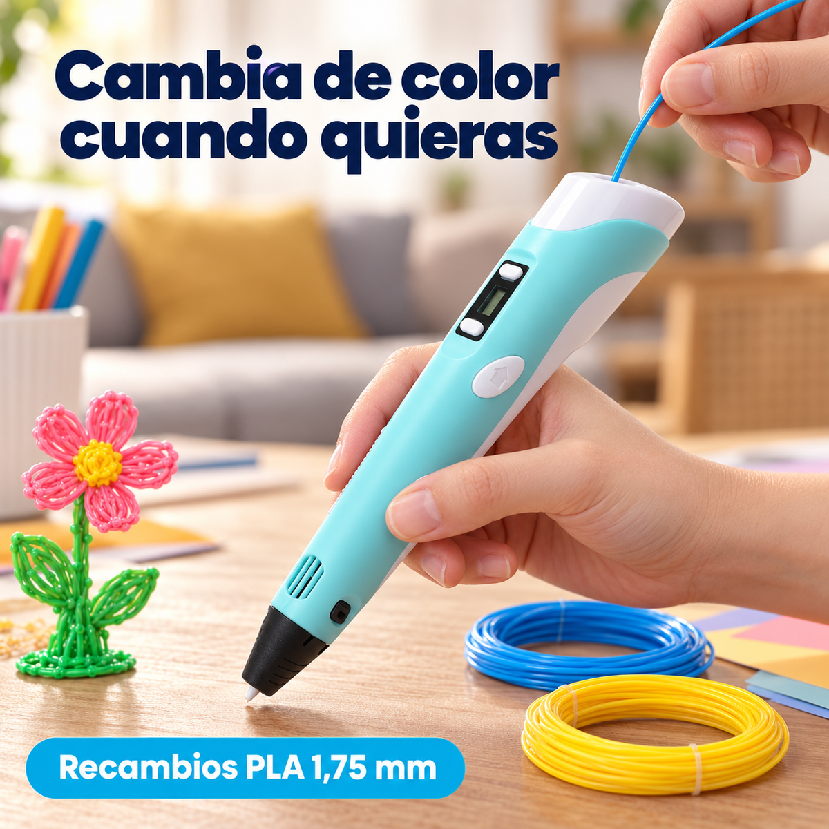 Manos utilizando un bolígrafo 3D con filamentos PLA de diferentes colores para crear figuras y manualidades sobre una mesa