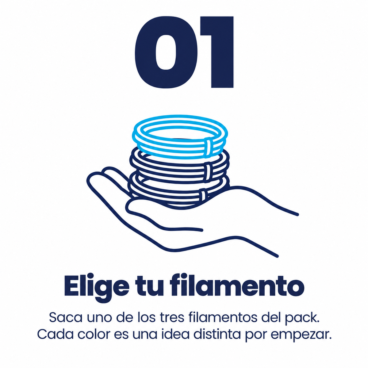 Ilustración del paso 1 para utilizar los filamentos PLA NEXOsens: elegir uno de los tres colores disponibles en el pack de recambio para Bolígrafo 3D