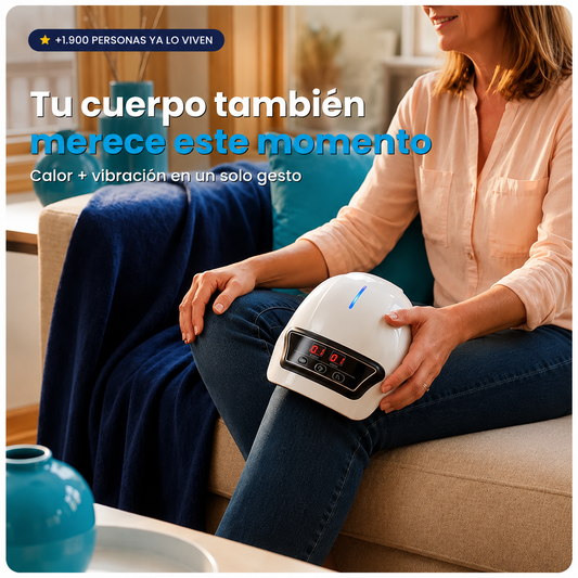 Mujer sentada en el sofá aplicando el Masajeador de Rodilla NEXOsens sobre su rodilla en un momento de calma en casa — calor y vibración en un solo gesto