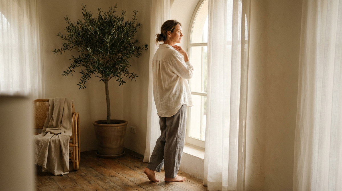 Mujer en un salón mediterráneo con luz natural, en un momento de calma personal — bienestar cotidiano NEXOsens