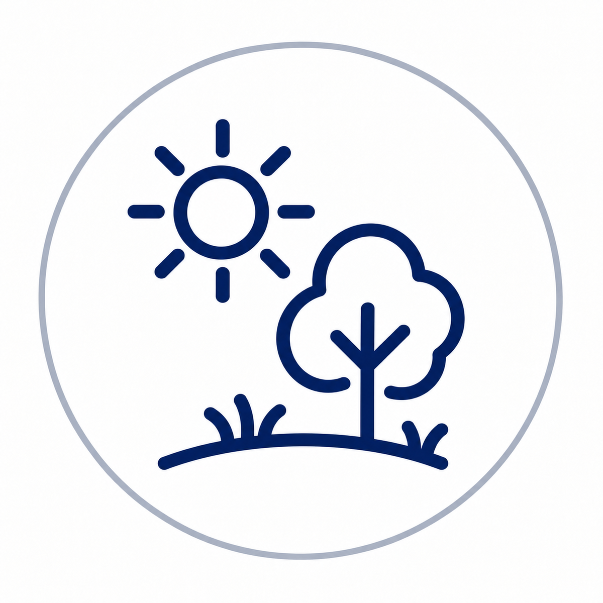 Icono de un sol sobre un árbol y un trozo de césped