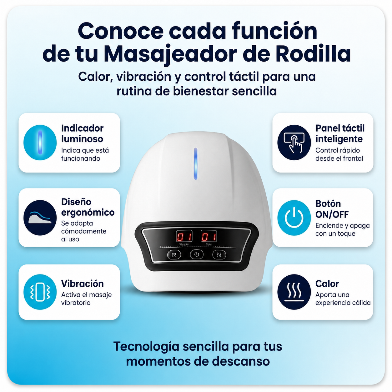 Funciones del masajeador de rodilla NEXOsens: indicador luminoso, vibración, calor y panel táctil inteligente.