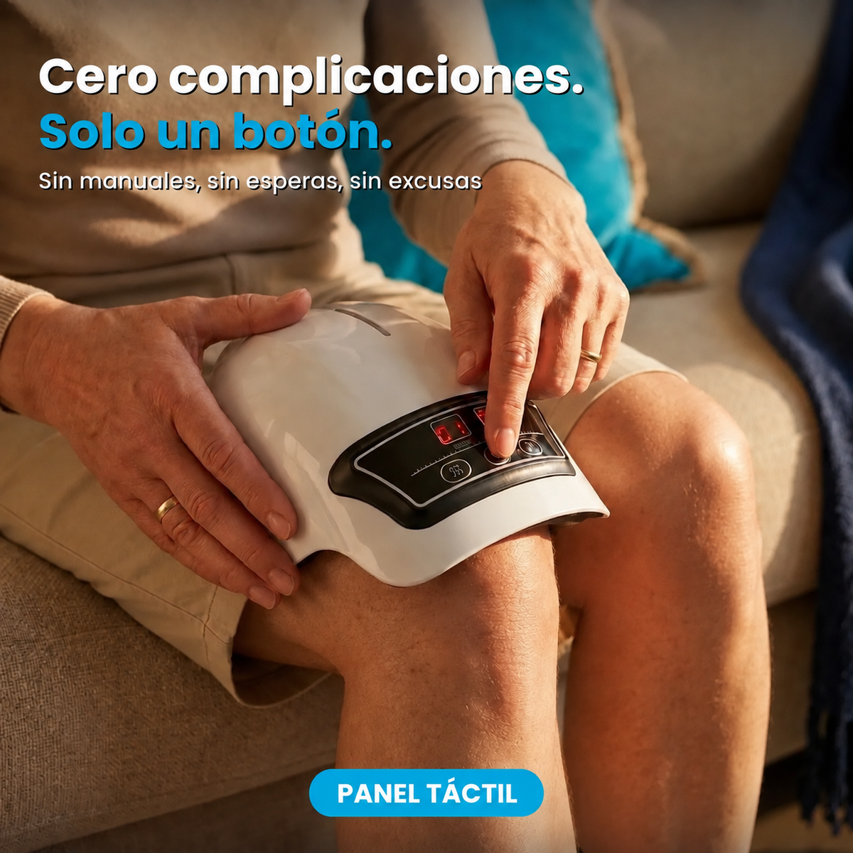 Primer plano de una mano pulsando el panel táctil del Masajeador de Rodilla NEXOsens colocado sobre la rodilla