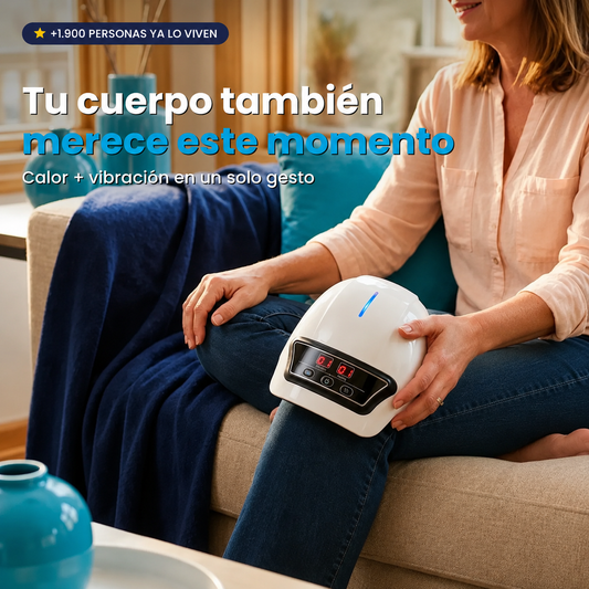 Mujer usando el masajeador de rodilla NEXOsens en el sofá, calor y vibración para tu bienestar diario