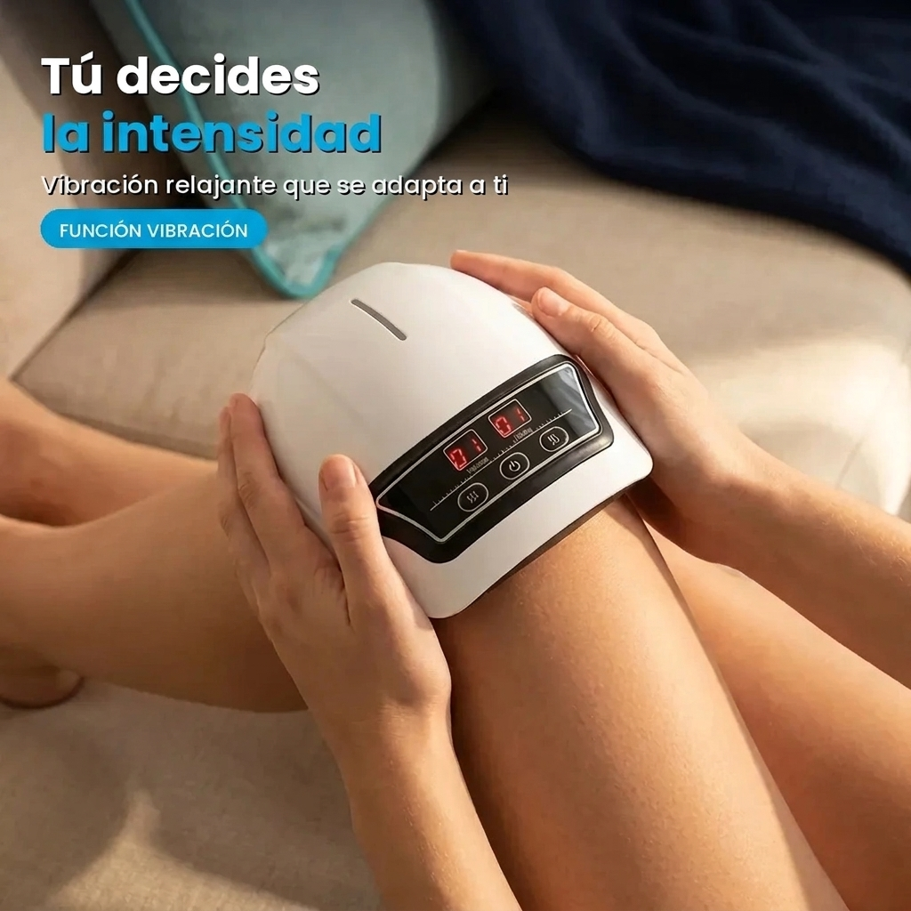 Manos ajustando la intensidad de vibración del Masajeador de Rodilla NEXOsens colocado sobre la rodilla