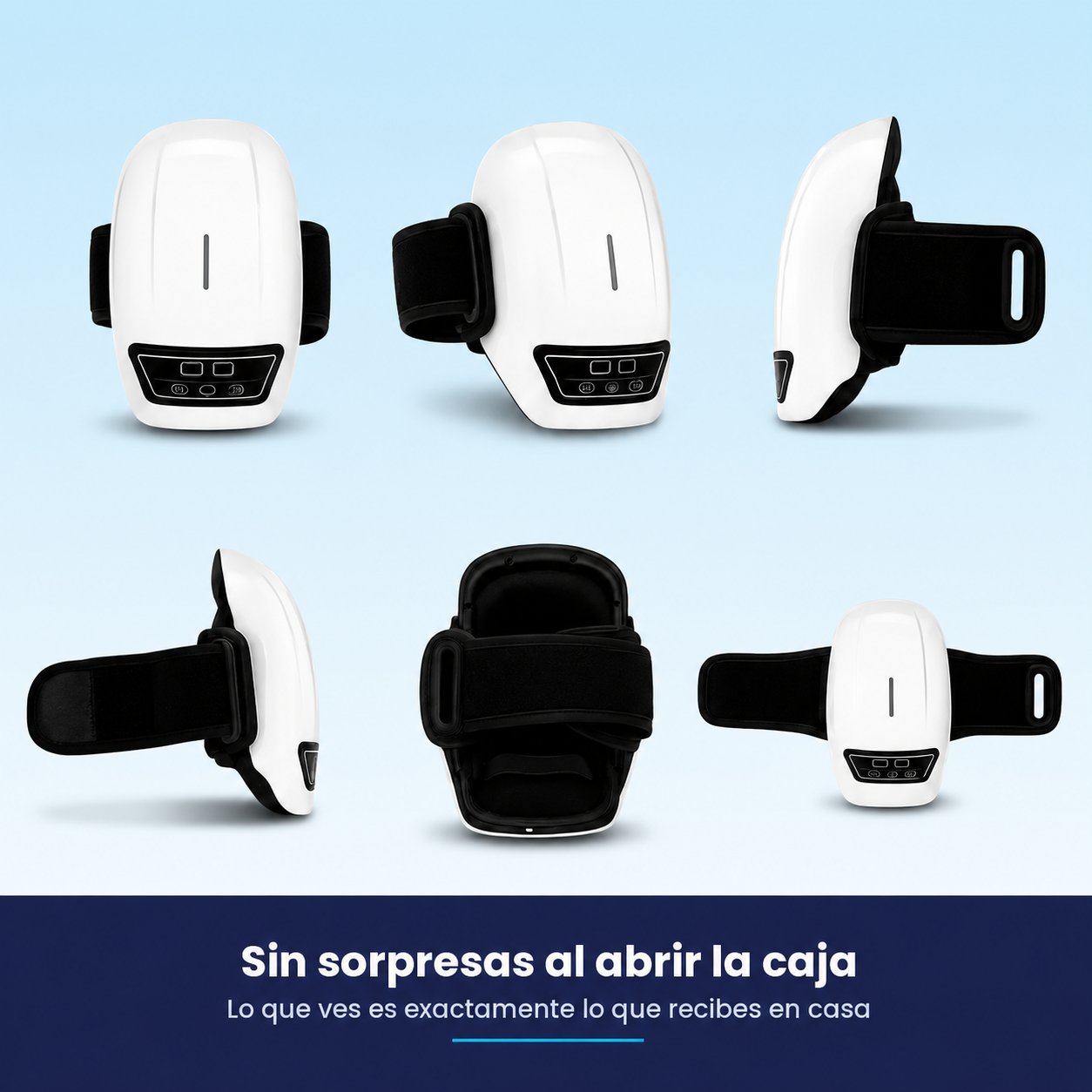 Masajeador de rodilla NEXOsens visto desde distintos ángulos, diseño ergonómico y compacto.