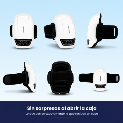 Masajeador de rodilla NEXOsens visto desde distintos ángulos, diseño ergonómico y compacto.