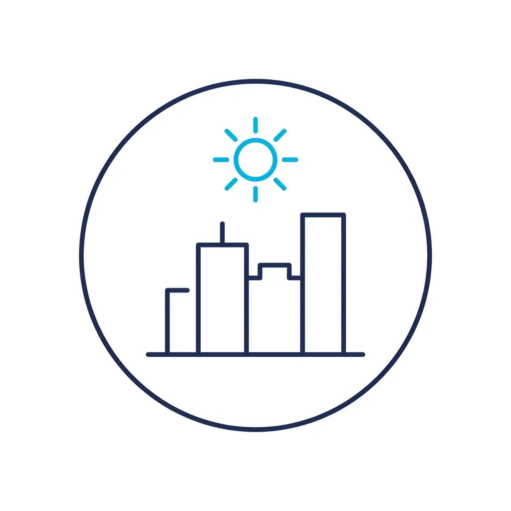 Icono de sol y ciudad que representa la piel cargada tras el sudor, el sol o la ciudad — Succionador de Poros NEXOsens