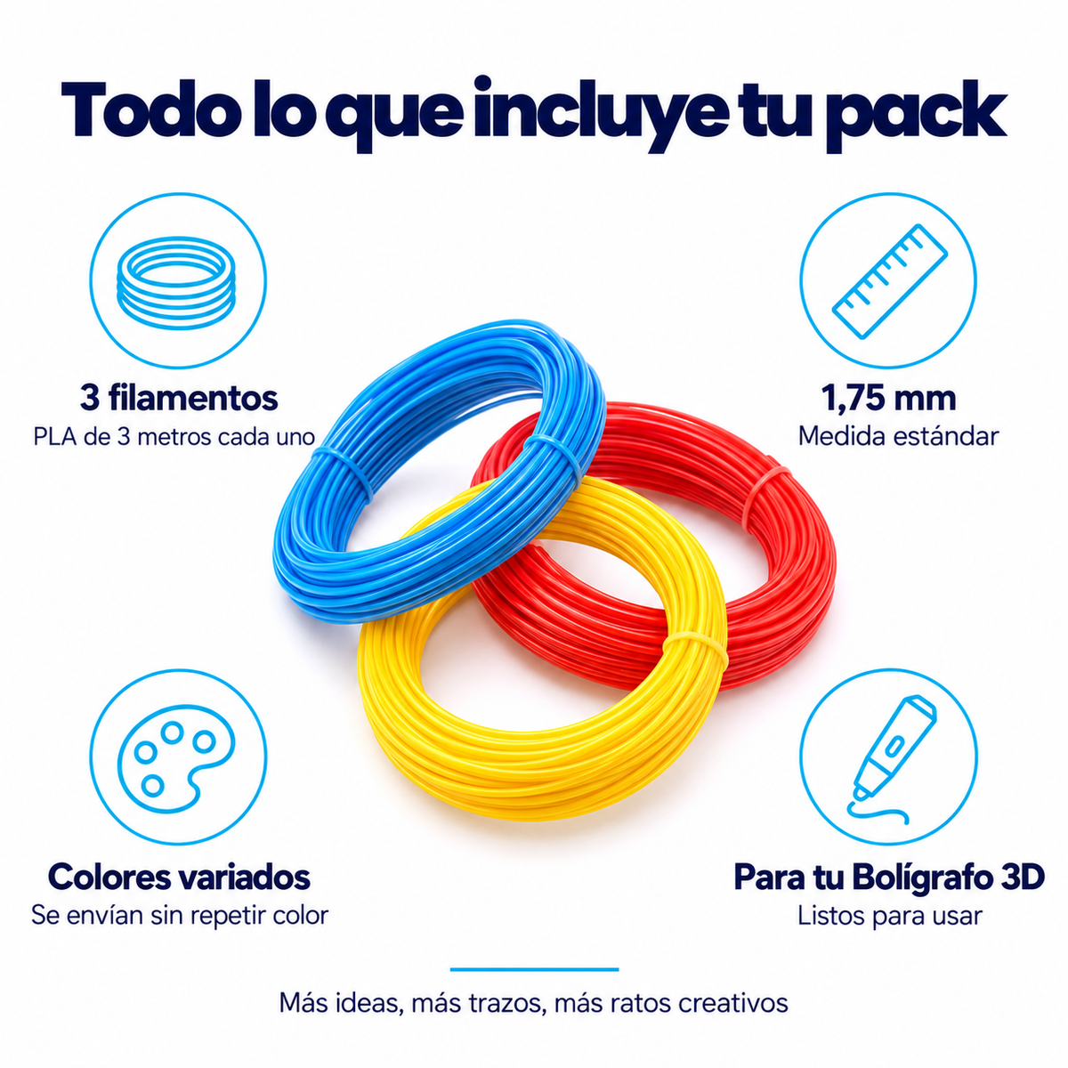 Infografía del pack de filamentos PLA para Bolígrafo 3D NEXOsens, con tres colores incluidos y características para realizar creaciones tridimensionales.