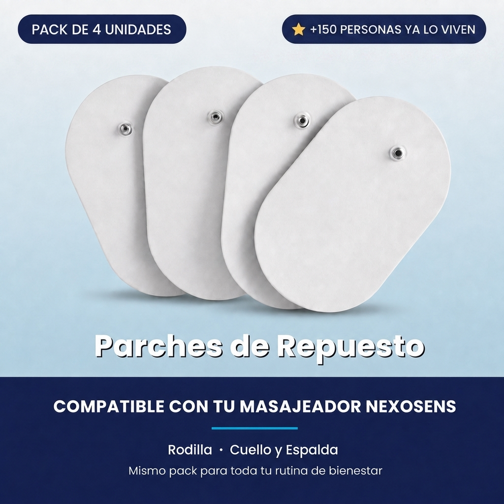 Pack de 4 parches de repuesto NEXOsens, compatible con el masajeador de 
rodilla y el de cuello y espalda, con sello de +150 personas que ya lo 
usan