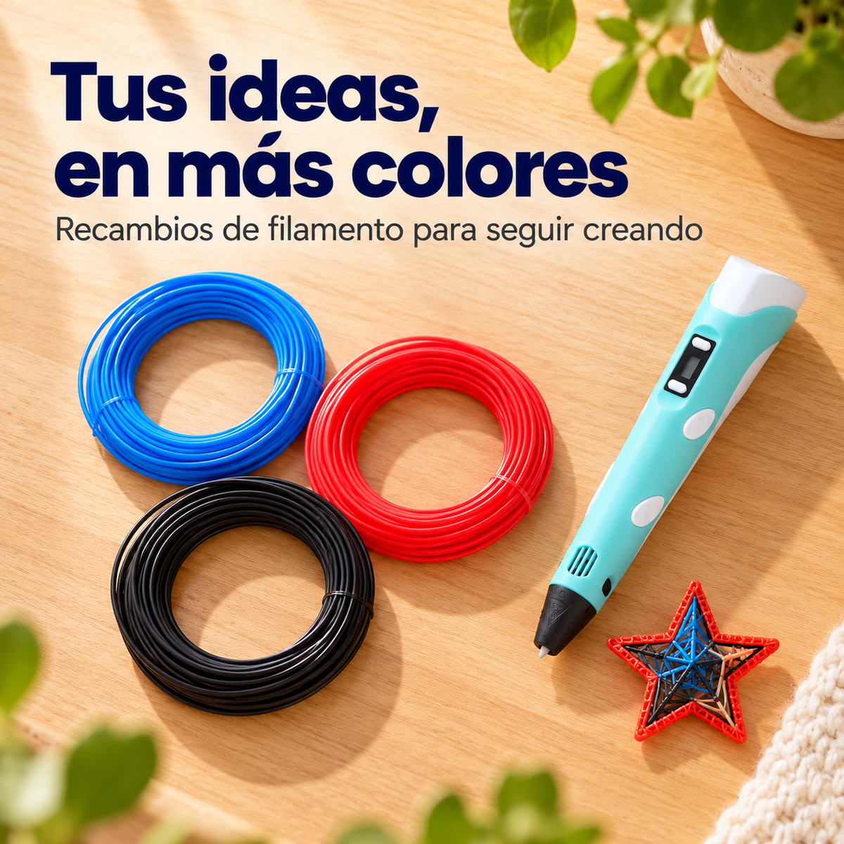 Rollos de filamento PLA de colores para Bolígrafo 3D NEXOsens, acompañados de figuras tridimensionales y materiales de manualidades sobre una mesa de madera
