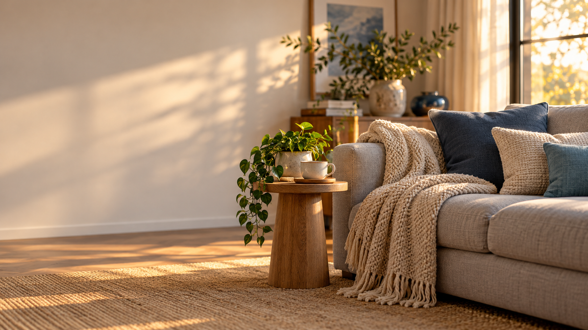 Salón acogedor con sofá gris, manta de punto y una taza junto a una planta sobre una mesa auxiliar de madera
