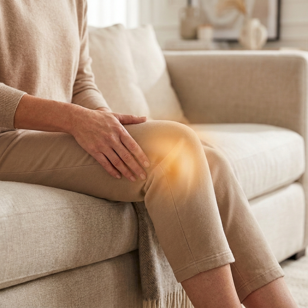 Mujer sentada en el sofá con la mano sobre la rodilla en un momento de molestia — antes de usar el Masajeador de Rodilla NEXOsens