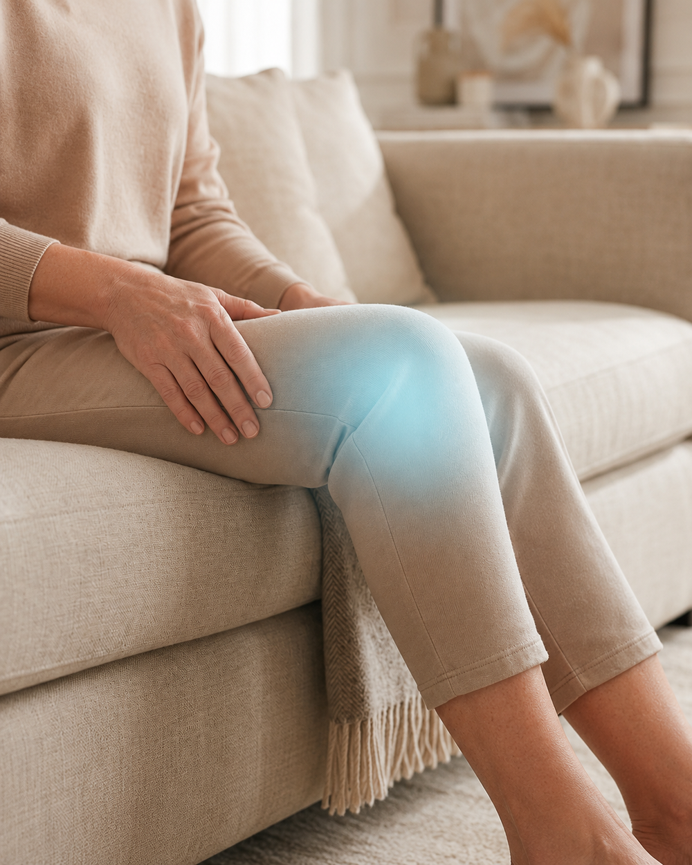 Misma mujer sentada en el sofá con la rodilla relajada y sensación de bienestar — después de usar el Masajeador de Rodilla NEXOsens