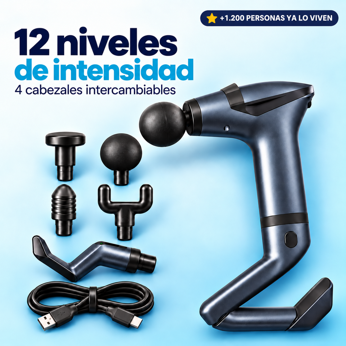 Pistola masajeadora multifunción NEXOsens con 4 cabezales intercambiables y 12 niveles de intensidad
