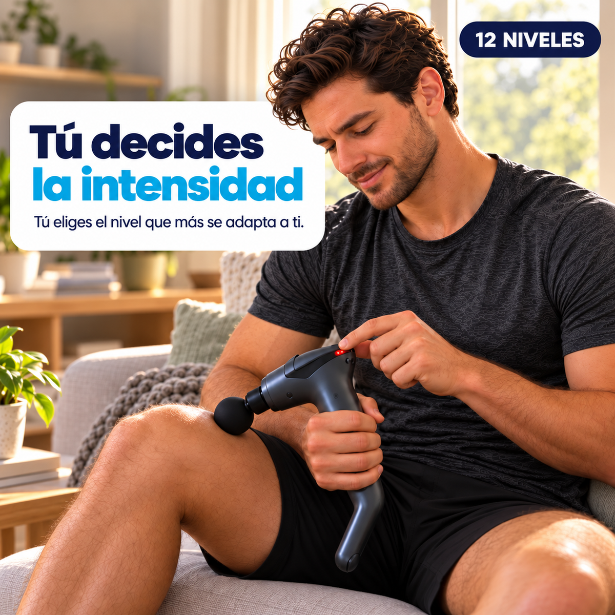 Hombre ajustando el nivel de intensidad de la pistola masajeadora NEXOsens sobre la pierna