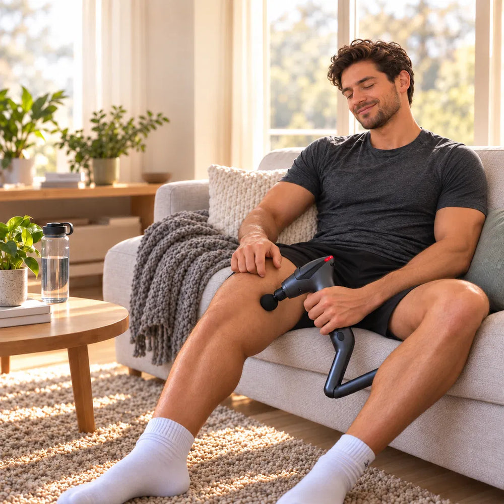 Hombre relajado usando la pistola masajeadora NEXOsens en la pierna tras entrenar