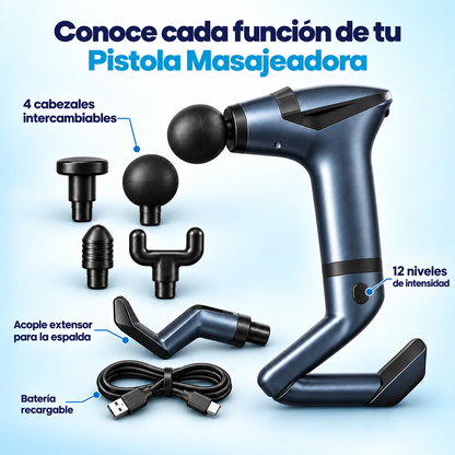 Despiece de la pistola masajeadora NEXOsens mostrando sus 4 cabezales, batería recargable y acople extensor