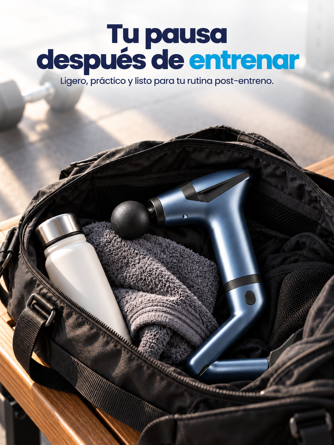 Pistola Masajeadora Multifunción NEXOsens en una bolsa de deporte, lista para llevar a cualquier sitio