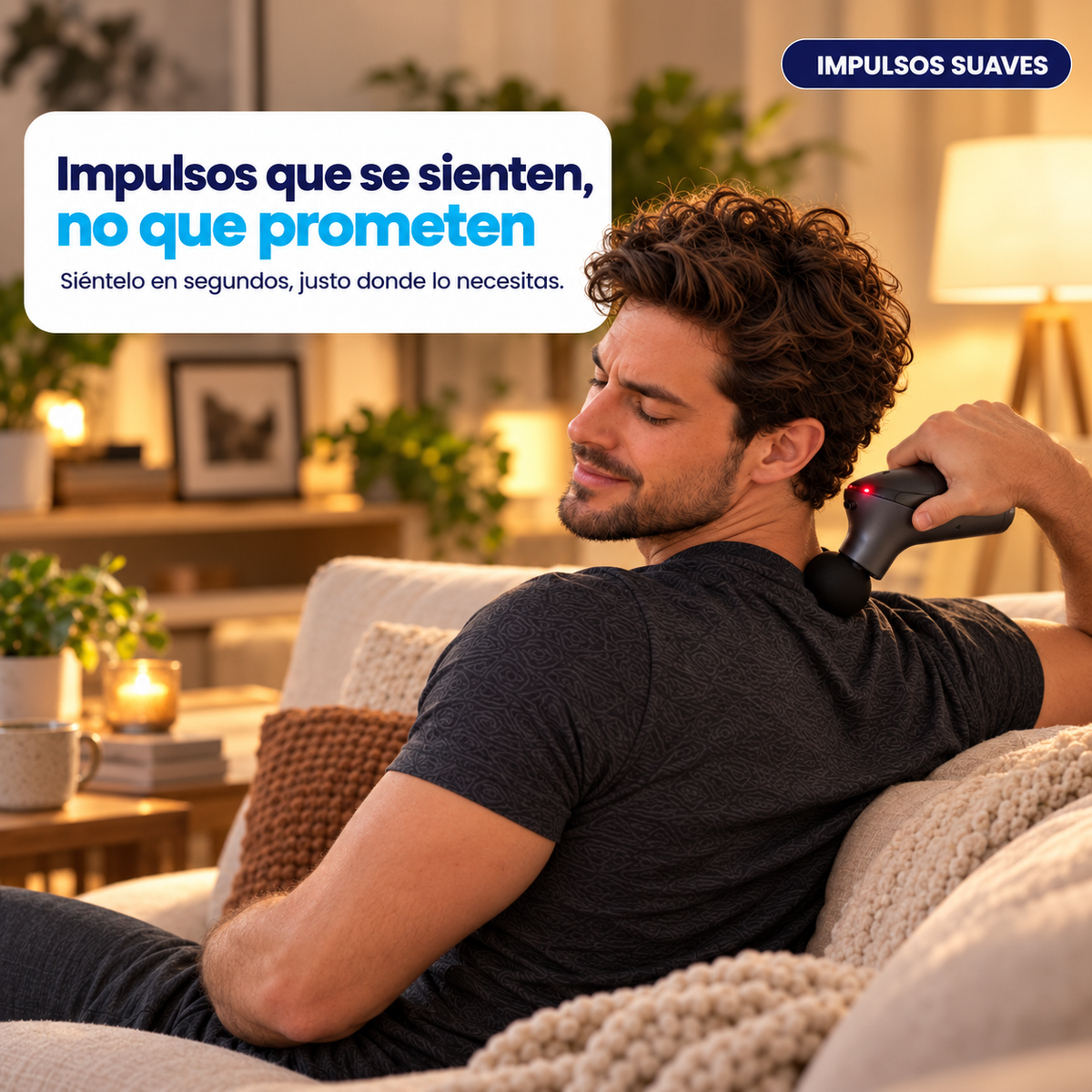 Hombre aplicando la pistola masajeadora NEXOsens en el hombro con impulsos suaves