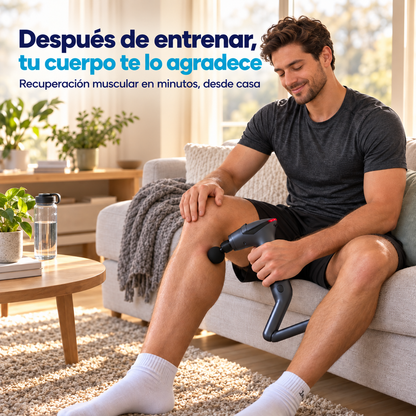 Hombre usando la pistola masajeadora NEXOsens en la pierna tras entrenar