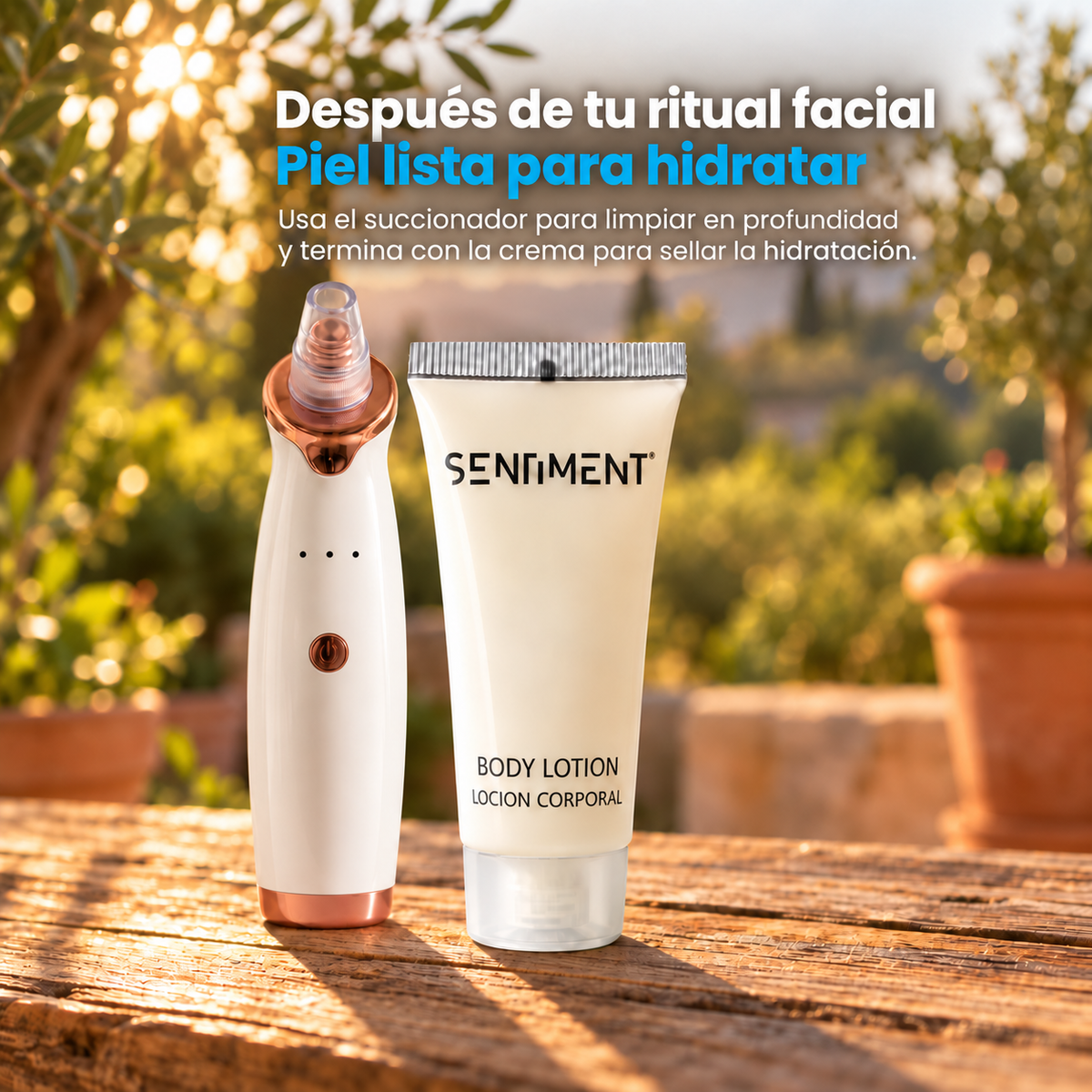 Succionador de poros y crema hidratante Sentiment de NEXOsens juntos sobre mesa de madera, ritual completo de cuidado facial.