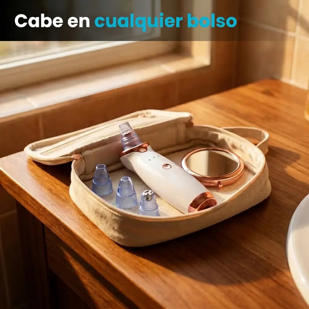 Succionador de Poros NEXOsens guardado en un neceser de viaje junto a sus cabezales, listo para llevar a cualquier parte.
