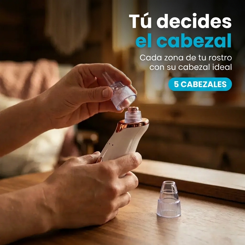 Mano cambiando el cabezal del Succionador de Poros NEXOsens, con los 5 cabezales intercambiables disponibles