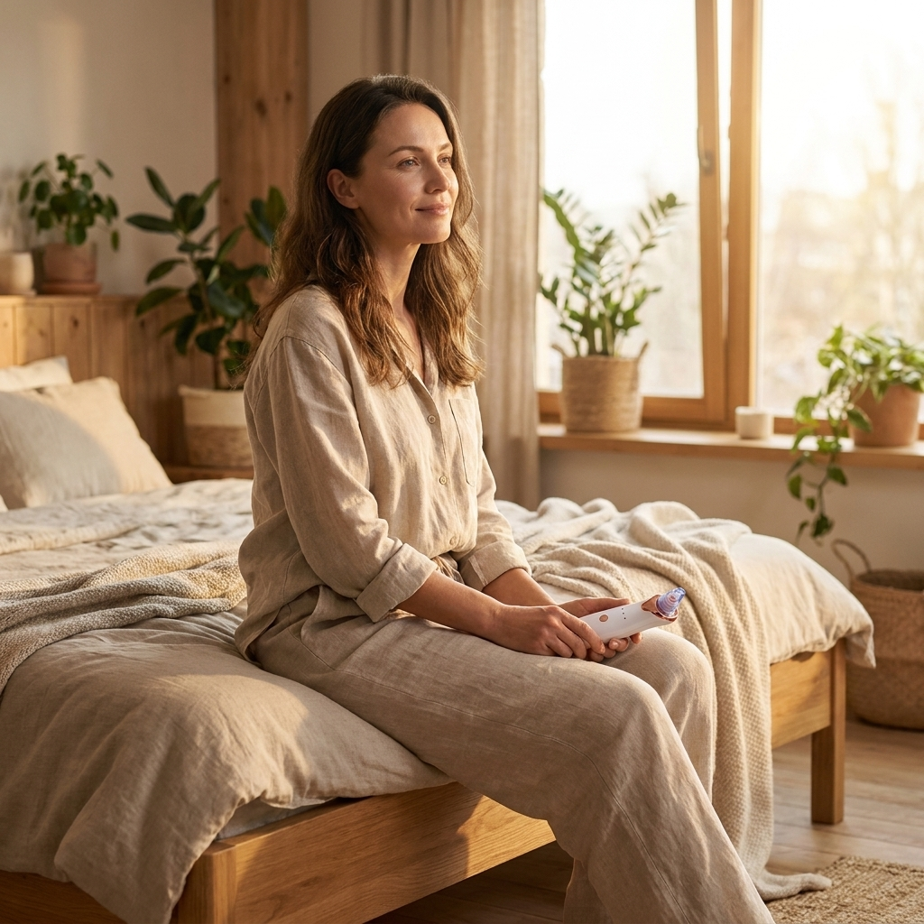 Mujer sentada en su cama sosteniendo el Succionador de Poros NEXOsens, invitación a descubrir su ritual de cuidado facial.