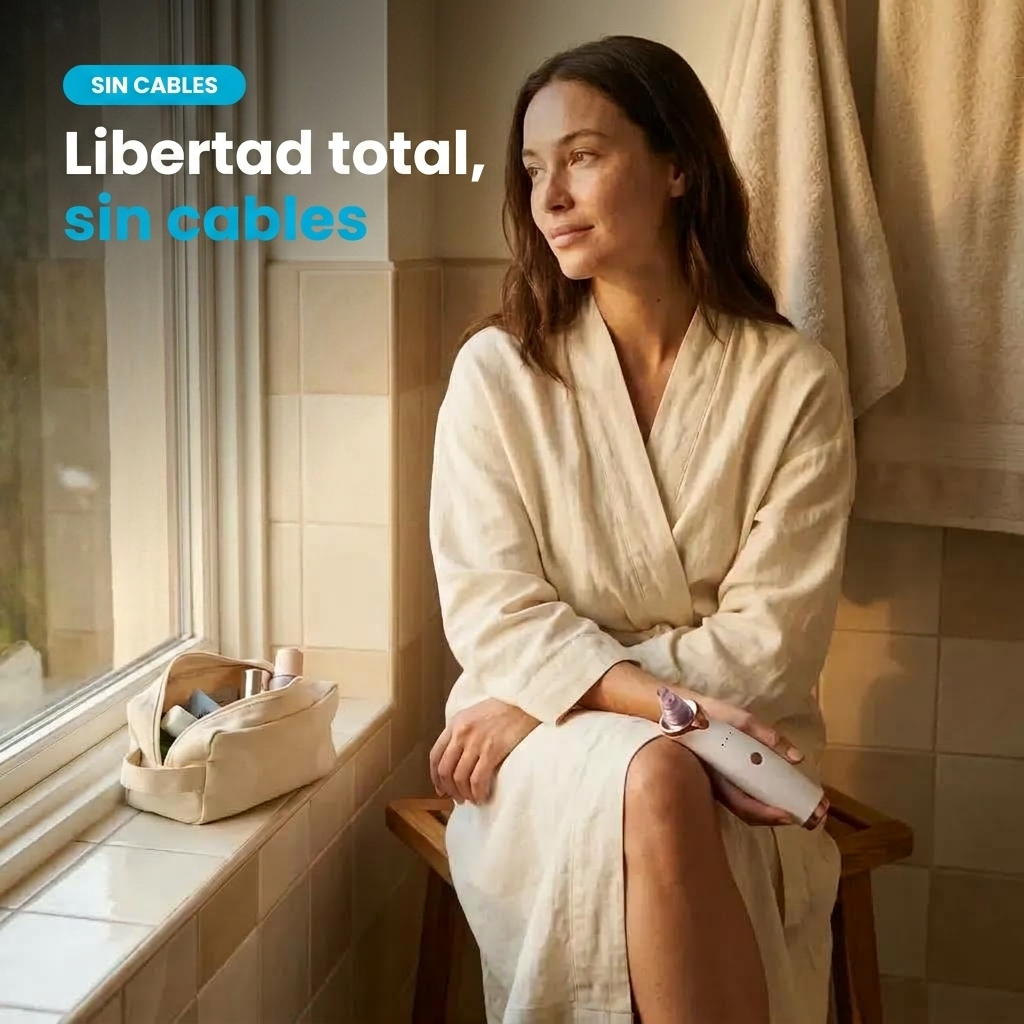 Mujer usando el Succionador de Poros NEXOsens inalámbrico junto a la bañera, sin cables ni complicaciones