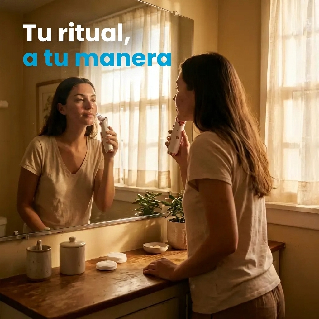 Mujer usando el Succionador de Poros NEXOsens frente al espejo del baño como parte de su rutina de cuidado facial.
