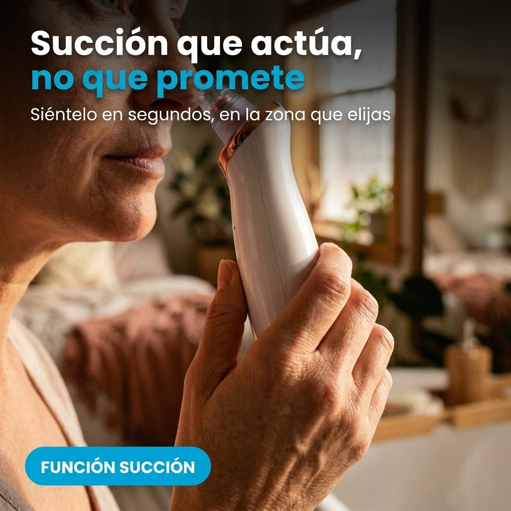 Mujer aplicándose el Succionador de Poros NEXOsens en la mejilla, mostrando la tecnología de succión progresiva