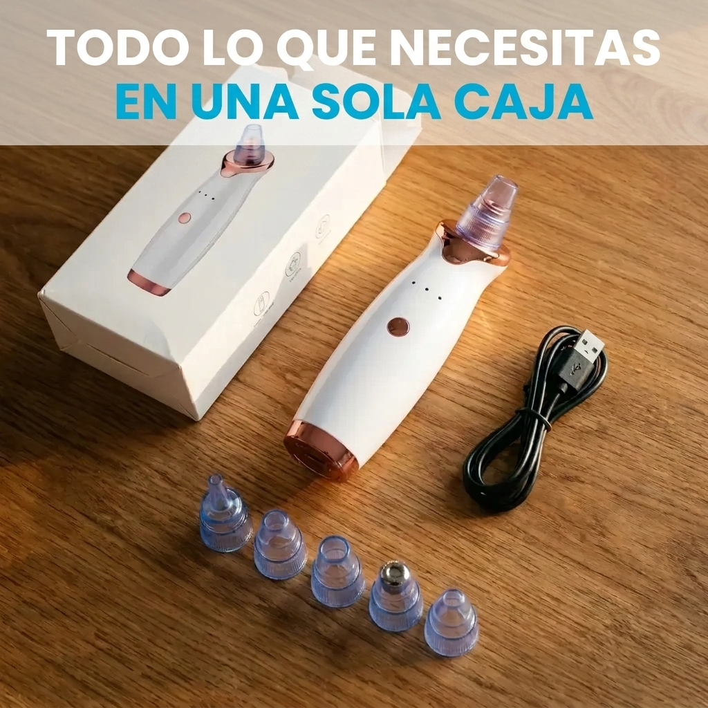 Succionador de Poros NEXOsens con su caja original, cable USB y los 5 cabezales incluidos, listo para usar desde el primer día.
